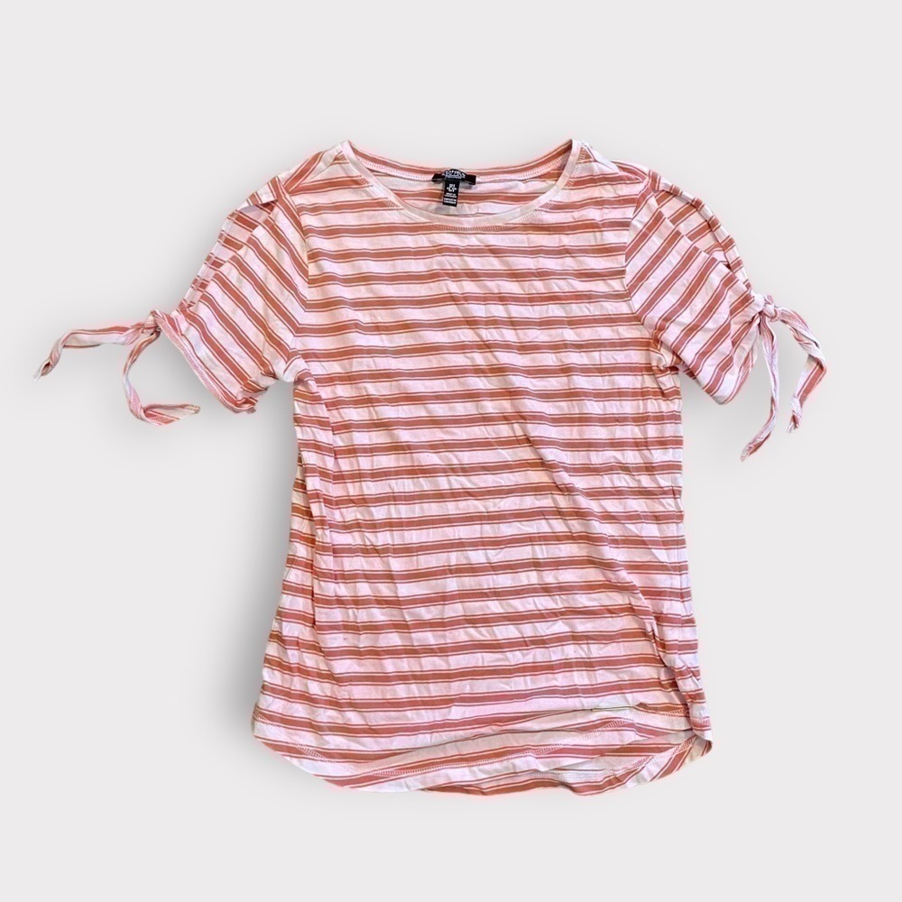 Jones New York Signature Tie Sleeve Striped Tee Pink Coral White Small - Picture 2 of 5